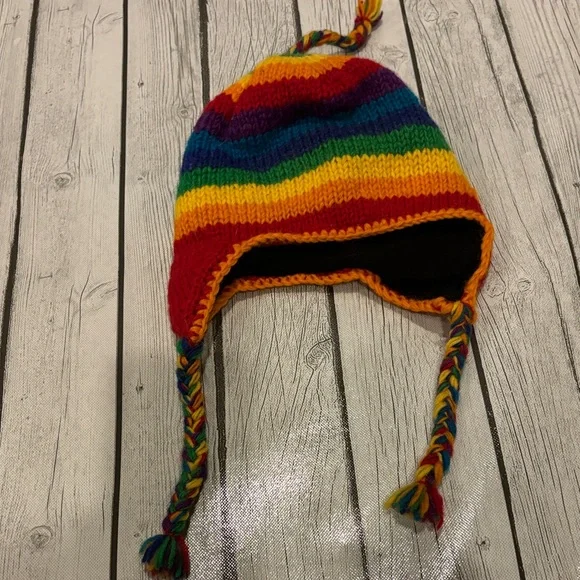 Colorful Striped wool hat unisex fleece lined made in Nepal - Picture 2 of 5